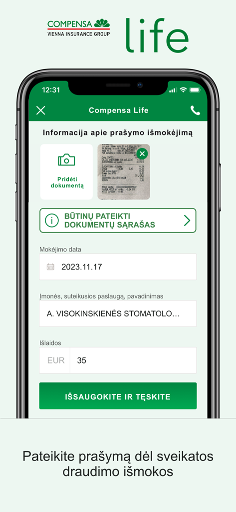 Compensa Life app screen for submitting a health insurance claim with receipt upload and cost entry