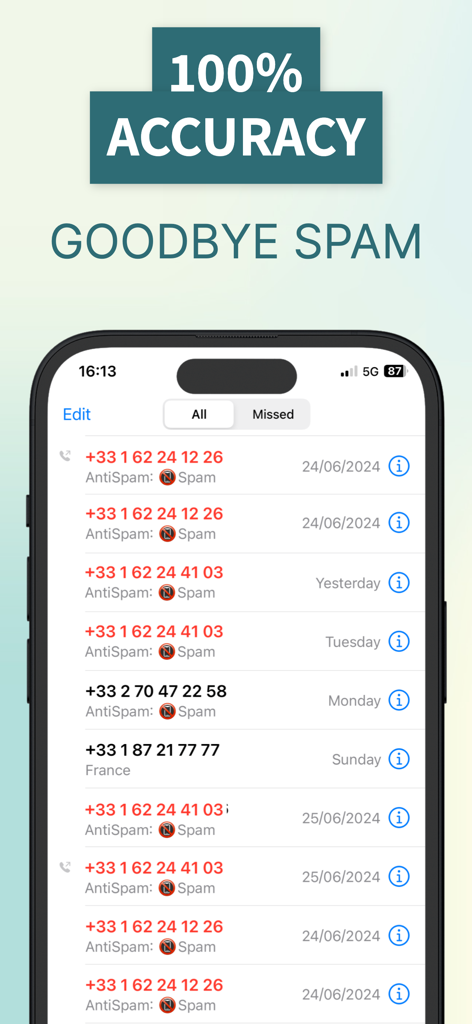 Pantalla de iPhone que muestra el historial de llamadas de la aplicación AntiSpam con múltiples números de spam identificados y bloqueados