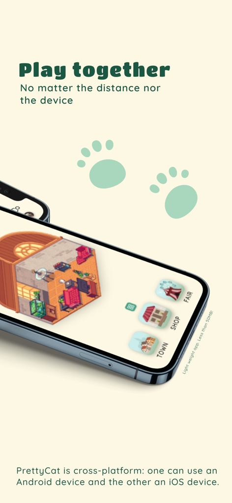 PrettyCat: couple game - Smartphone showing the PrettyCat couple game interface with cross platform play features for iOS and Android