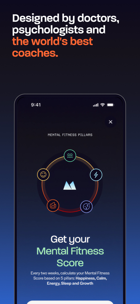 Mettle: Mental Fitness for Men - Mettle App-Bildschirm zeigt die fünf Säulen der mentalen Fitness, die zur Berechnung einer Benutzerbewertung verwendet werden