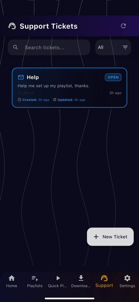 Pantalla de gestión de tickets de soporte en la aplicación móvil GSE IPTV Player Smarters Pro.