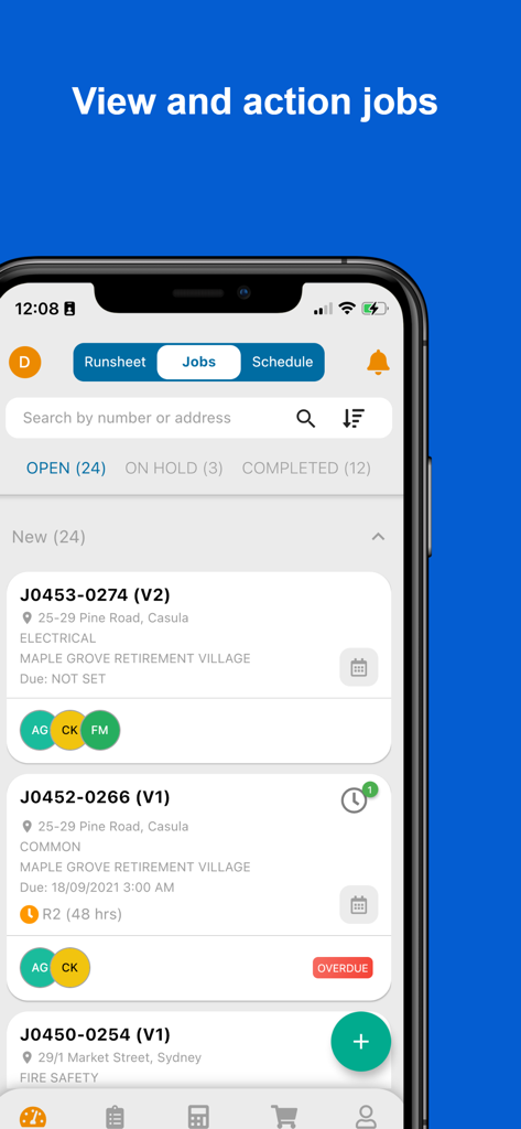 WorkBuddy - Smartphone screen of WorkBuddy app showing a list of open and overdue jobs for field service management