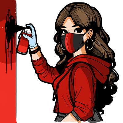 realistic girl with mask spray painting a wall