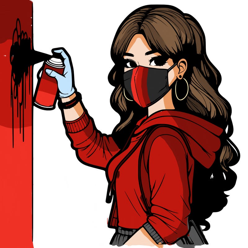 realistic girl with mask spray painting a wall