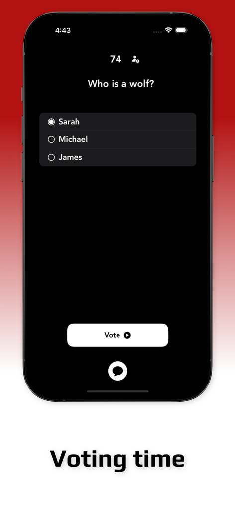 The Wolf: Party Game - Mobile screen showing the voting phase in The Wolf Party Game with a list of suspects and a vote button.