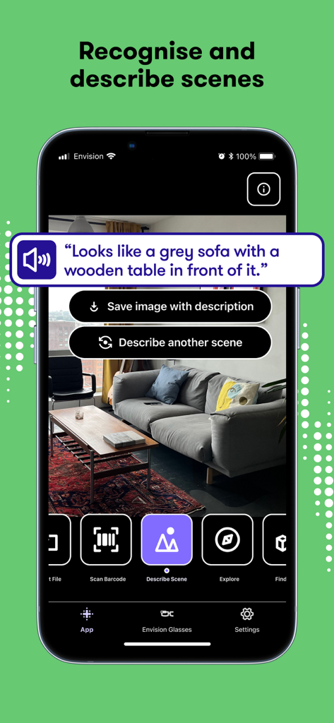 Envision AI - Envision AIアプリのスクリーンショットで、シーン説明機能が灰色のソファと木製のテーブルを識別しています