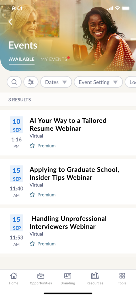 Randstad RiseSmart - The events section of the Randstad RiseSmart app displaying upcoming virtual career webinars.
