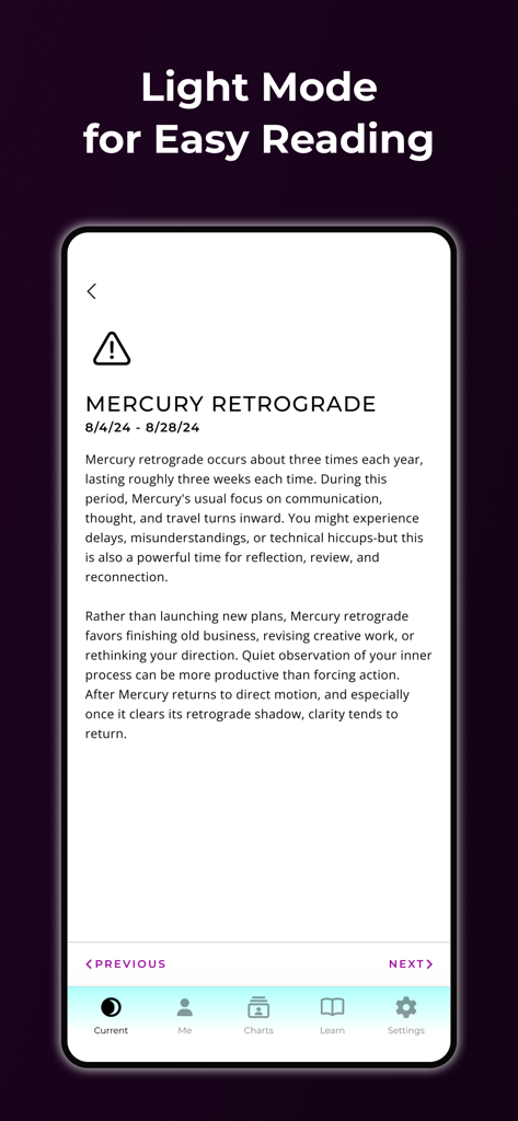 TimePassages Astrology - La interfaz de la aplicación TimePassages Astrology muestra información de Mercurio Retrógrado en modo claro.