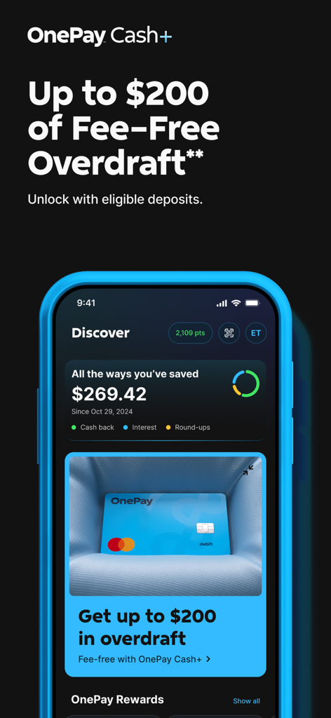 OnePay – Mobile Banking - OnePay 모바일 앱 인터페이스, 최대 200달러 수수료 없는 초과 인출 기능 표시