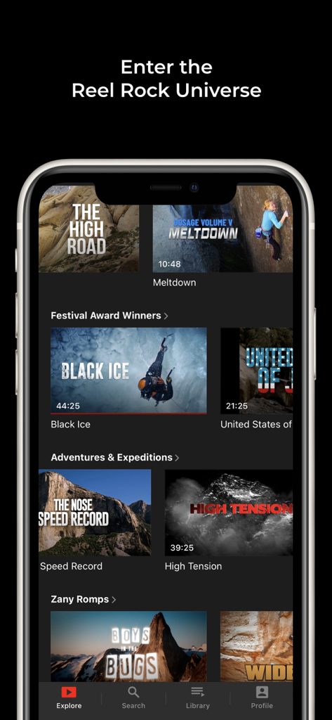 Interfaz de la aplicación REEL ROCK mostrando categorías de películas de escalada y aventura como Premios del Festival y Aventuras y Expediciones
