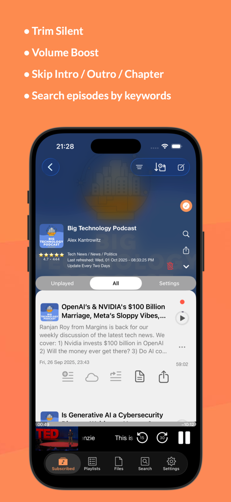 Podcast App - PlaydioCast - PlaydioCast app screen showing podcast player features including silence trimming and keyword search