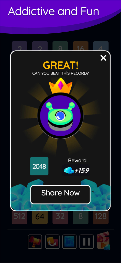 Achievement pop-up in 2248 Number Puzzle game showing high score reward and share button