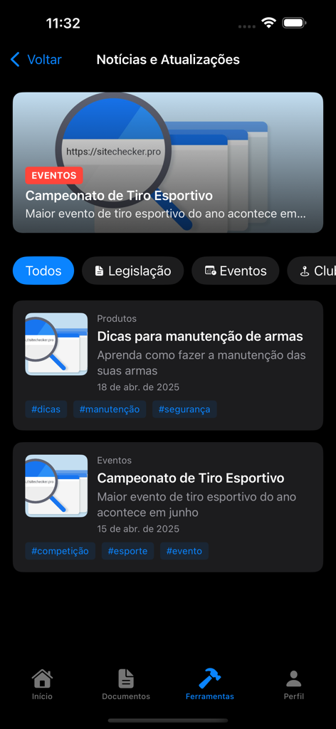 CAC Proアプリのニュースおよびアップデート画面、射撃スポーツイベントや銃器メンテナンスに関する記事を表示