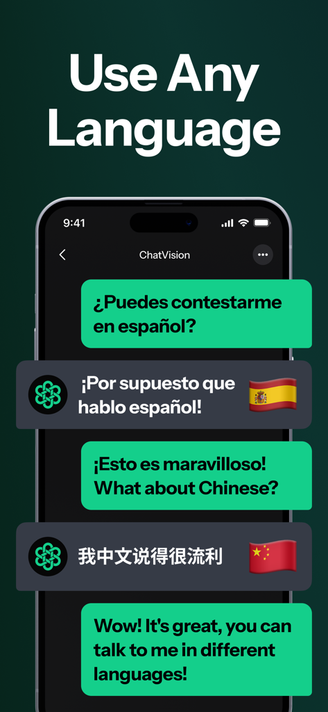 ChatVision - AI Chatbot Expert - ChatVision AI chatbot interface demonstrating multilingual conversation in Spanish and Chinese.