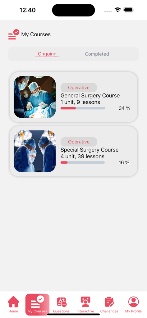 DR-MATARY - Dashboard showing ongoing General and Special Surgery courses with progress percentages in the DR-MATARY app