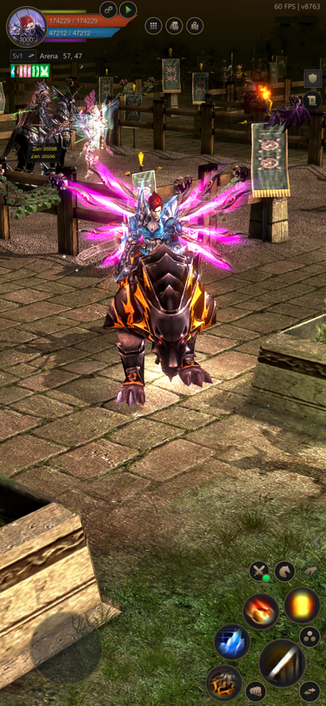 MEGAMU - Gameplay of MEGAMU showing a hero character with glowing wings riding a mount in an arena.