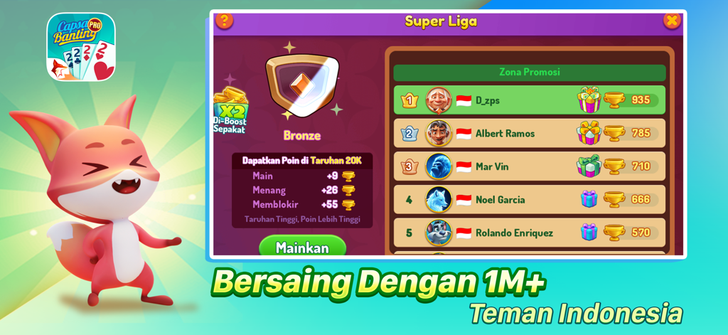 Leaderboard screen of the Capsa Banting ZingPlay app showing the Super Liga rankings and a cartoon fox character.
