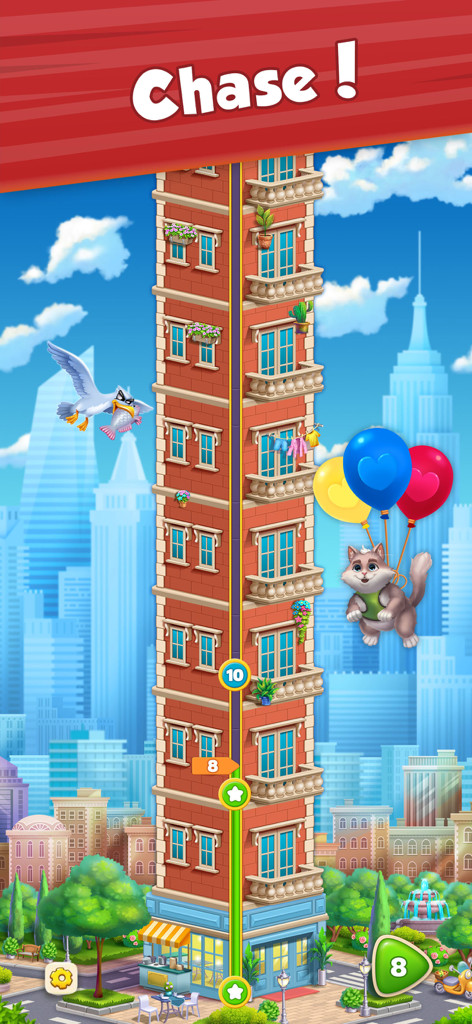 City Kitty Match - Winston the cat floating on balloons chasing a seagull up a skyscraper in City Kitty Match