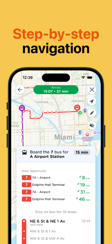 Manchester Bus & Tram - Écran de navigation étape par étape montrant les itinéraires de bus et les heures d'arrivée en direct sur une application mobile.