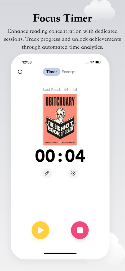Reading Tracker - TBR Book - Interfaz de aplicación móvil mostrando un temporizador de concentración para el seguimiento de sesiones de lectura.