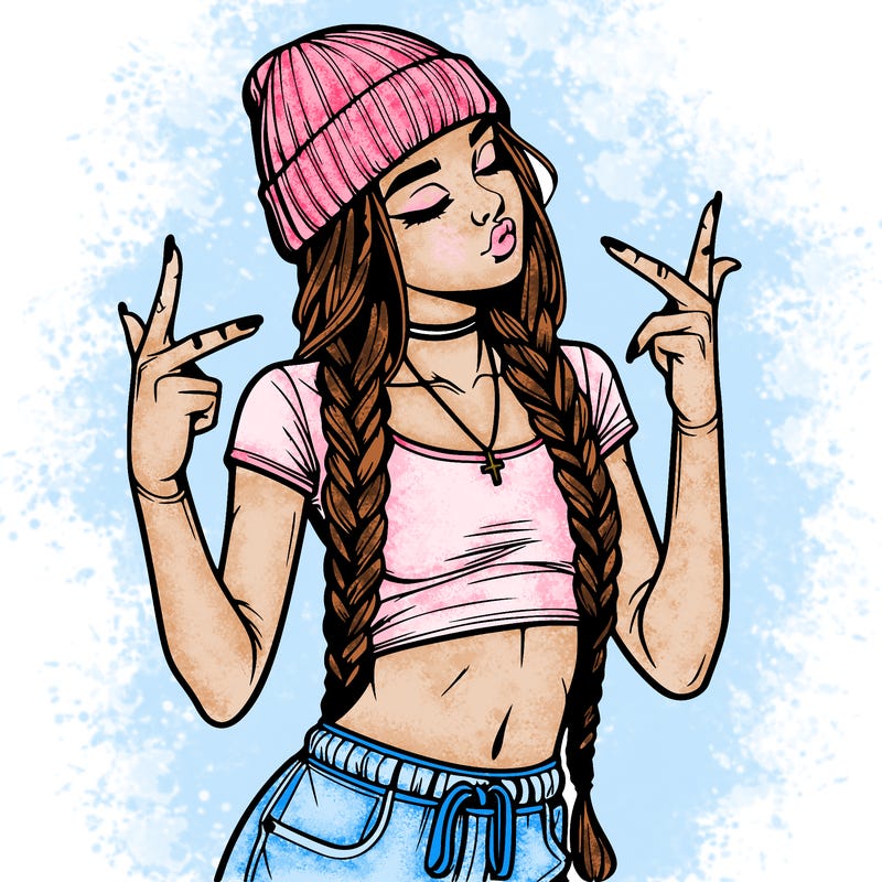 realistic teenage girl with braids and a beanie and crop top doing 🫶🏼