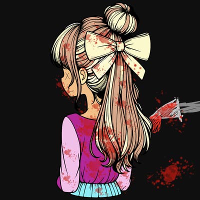 realistic girl  with hip length hair a bun and a big bow on the back of head