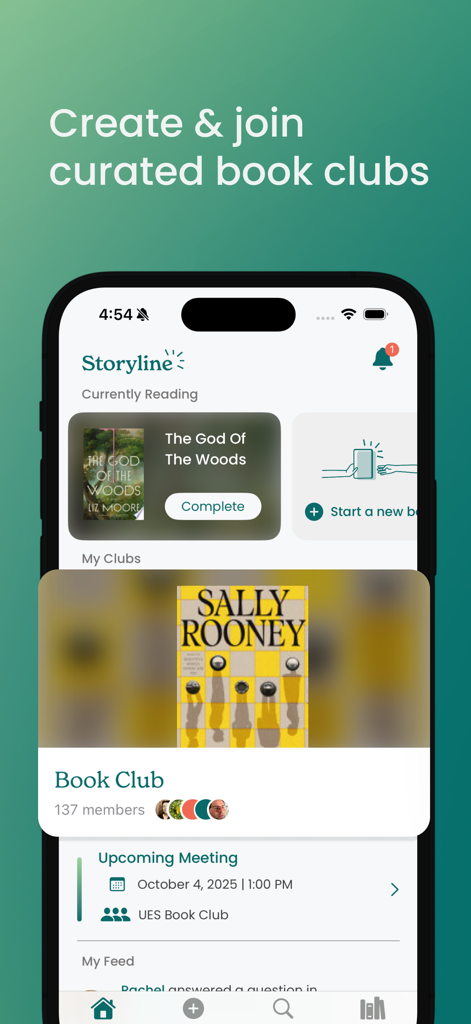 Storyline – Book Club App - Interface do aplicativo do clube do livro Storyline mostrando clubes selecionados e progresso de leitura