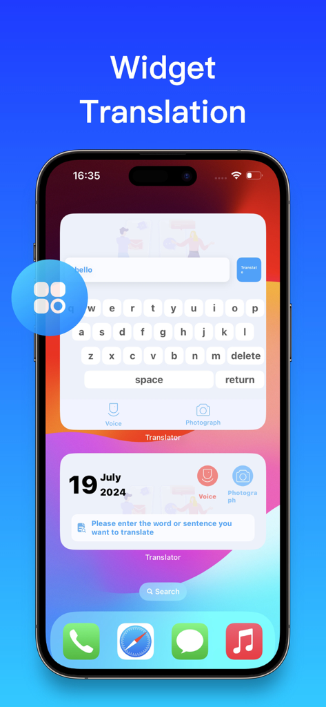 iOS widget of the Translator app showing quick access to translation features like voice and photograph