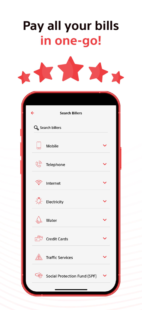 Bank Muscat Mobile Banking - Bank Muscat モバイルバンキングアプリのインターフェース。携帯電話インターネット、電気など、請求書支払いカテゴリーが表示されています。