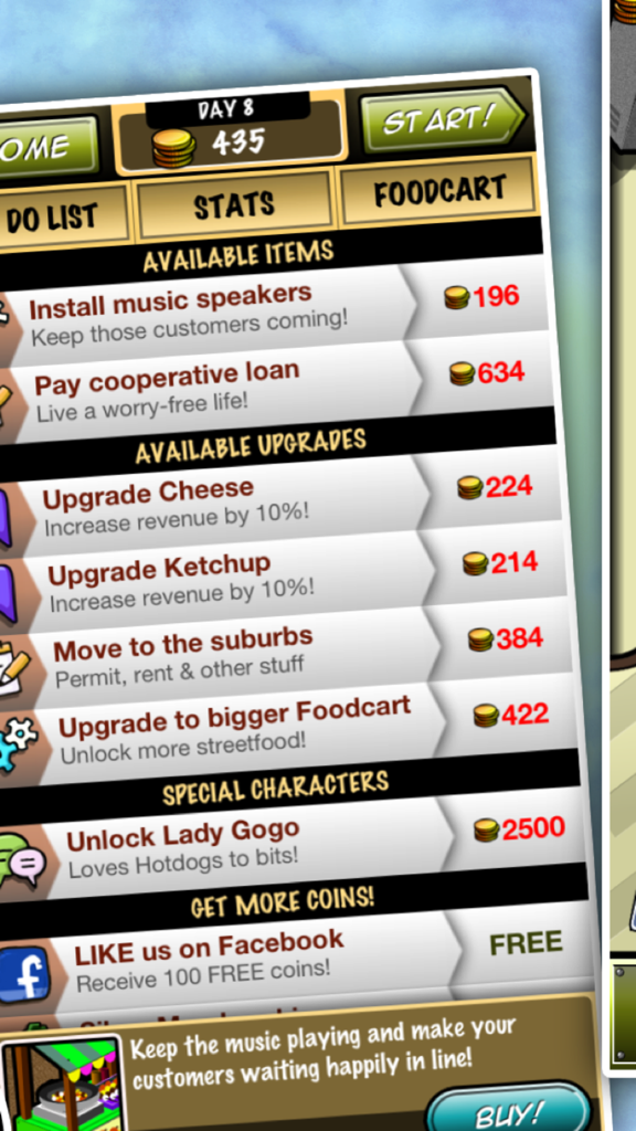 Street-food Tycoonのフードカートで利用可能なアイテムとアップグレードを示すゲーム内メニュー
