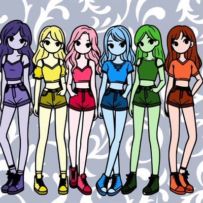 a group of girls wearing crop tops and shorts