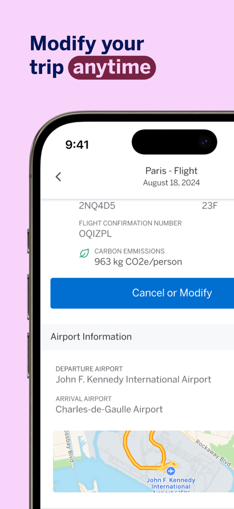Amex GBT Mobile app showing flight itinerary from JFK to Paris with a cancel or modify button and carbon emissions tracking.