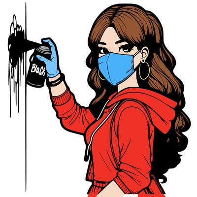realistic girl with mask spray painting a wall