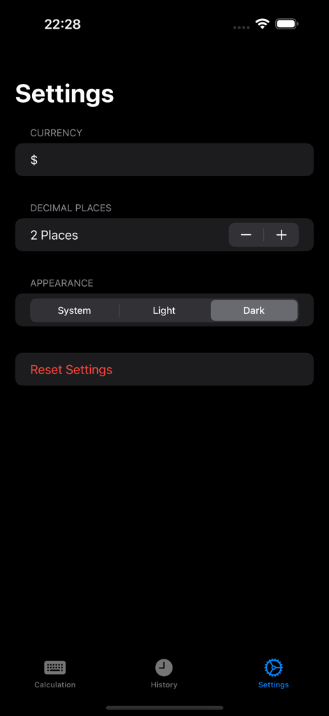 Profit Calculator Pro - Settings screen of the Profit Calculator Pro app showing options for currency decimal places and dark mode