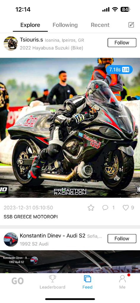 dragy Connect - Social feed of the dragy Connect app displaying a drag racing motorcycle one fourth mile run