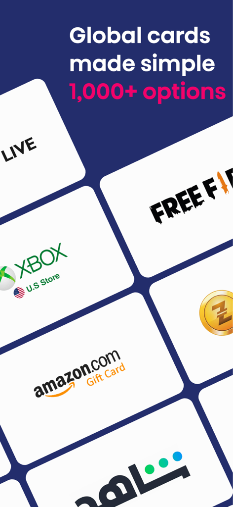 Promotional screen showing various global gift card options like Xbox Amazon and Free Fire available in the FastPay Wallet app