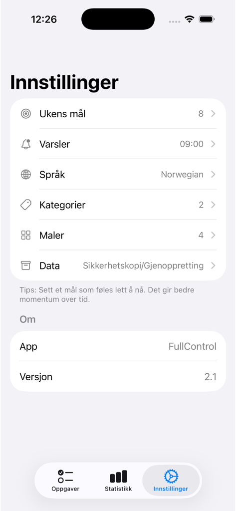 FullControl - Settings screen of the FullControl task management app on iPhone showing options for goals and privacy.