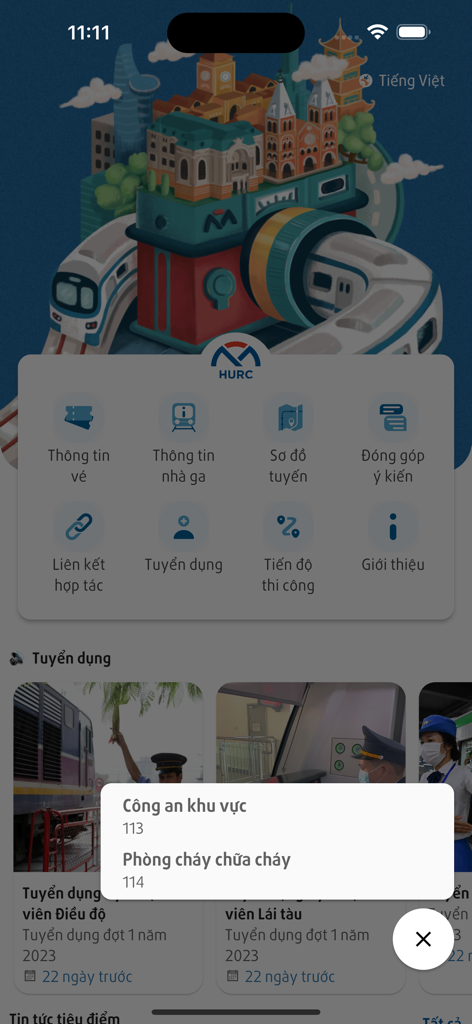 HCMC Metro HURC - メインナビゲーションメニューと緊急連絡先ポップアップを備えたHCMCメトロHURCアプリのホーム画面