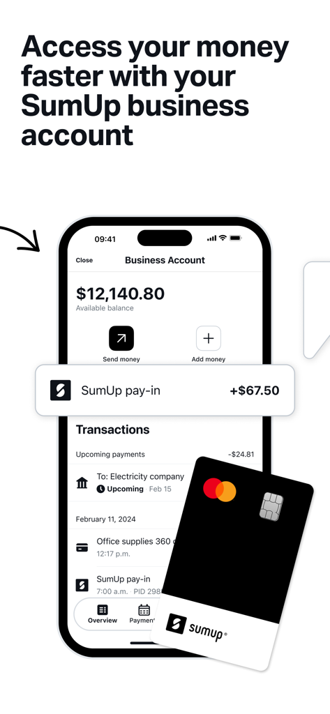SumUp business account interface on a smartphone with a physical Mastercard.