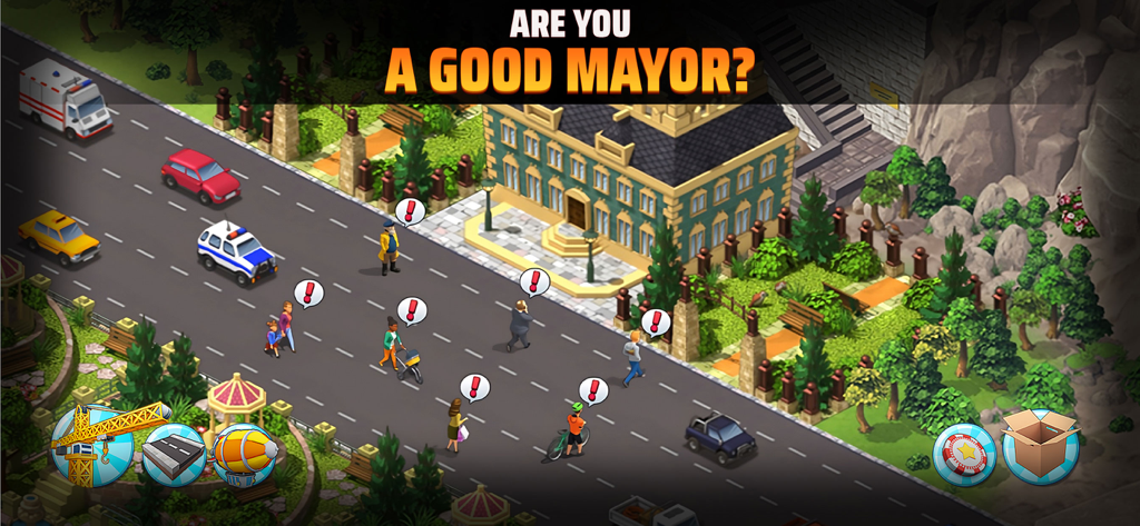 City Island 5: Building Sim - Gameplay screenshot of City Island 5 showing a city street with cars and citizens with the text Are you a good mayor