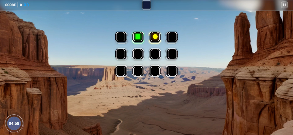 Brain Balance Cognitive App - Interfaccia di gioco per l'allenamento cognitivo con una griglia di simboli su uno sfondo di paesaggio desertico in un canyon nell'App Brain Balance.