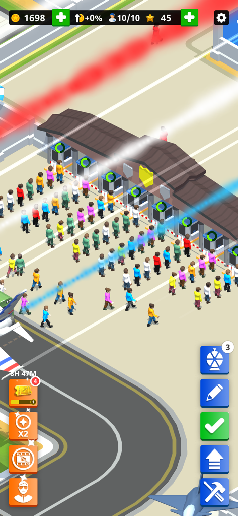 Idle Air Force Base - Isometric view of cadets queuing at training checkpoints in Idle Air Force Base mobile game