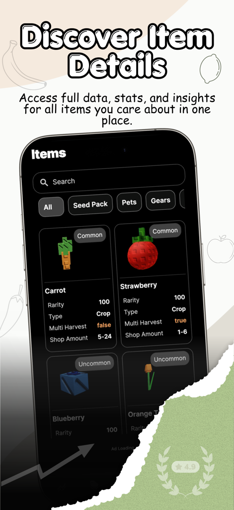 Grow A Garden : Codes & Stocks - Mobile app interface showing detailed statistics and rarity levels for various in-game crops like carrots and strawberries