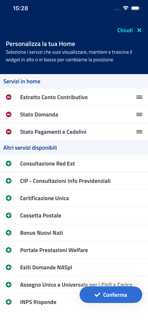 INPS mobile - Interfaz para personalizar los servicios favoritos en la pantalla de inicio de la aplicación INPS mobile