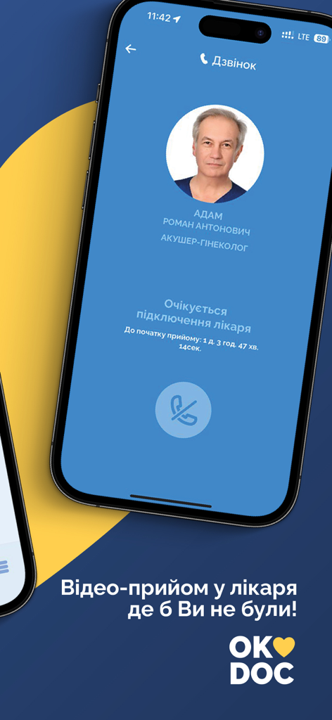 Una pantalla móvil de la aplicación OkDoc que muestra una videollamada médica programada con un ginecólogo obstetra