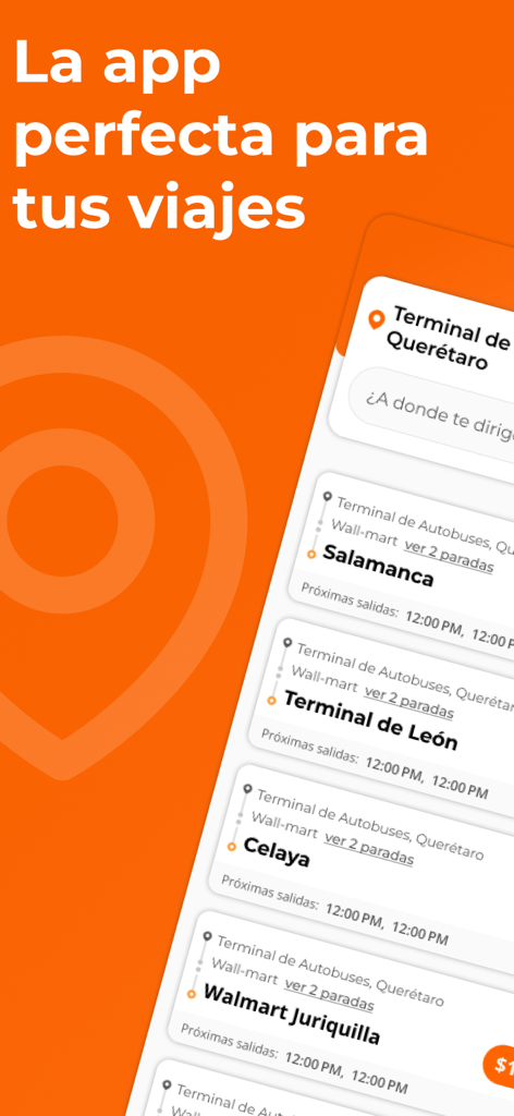 Interfaz móvil de la aplicación Conecta GFA mostrando varias opciones de rutas de autobús en México