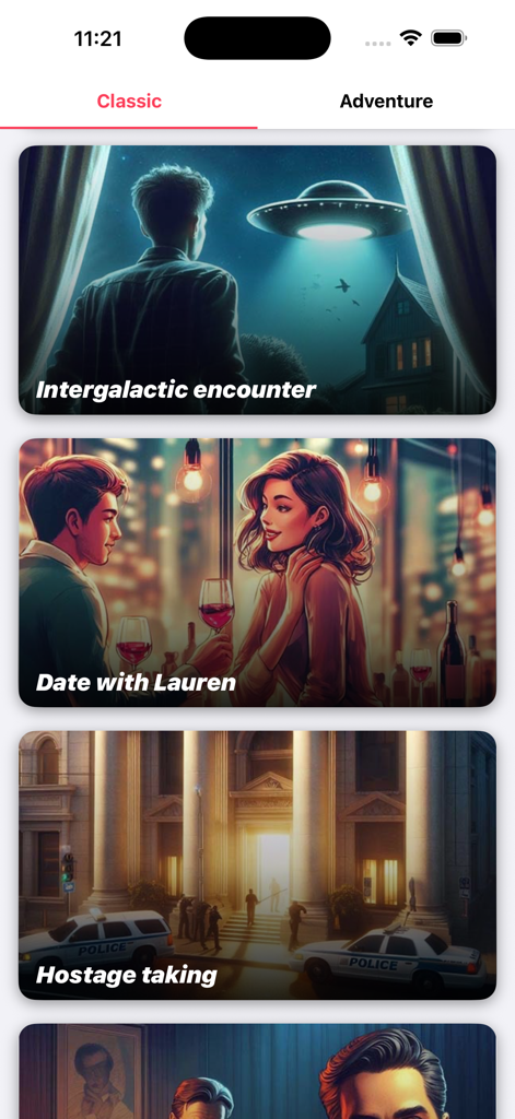 Interfaz de la aplicación móvil que muestra una lista de historias interactivas como "Intergalactic encounter" y "Date with Lauren" en modo clásico.