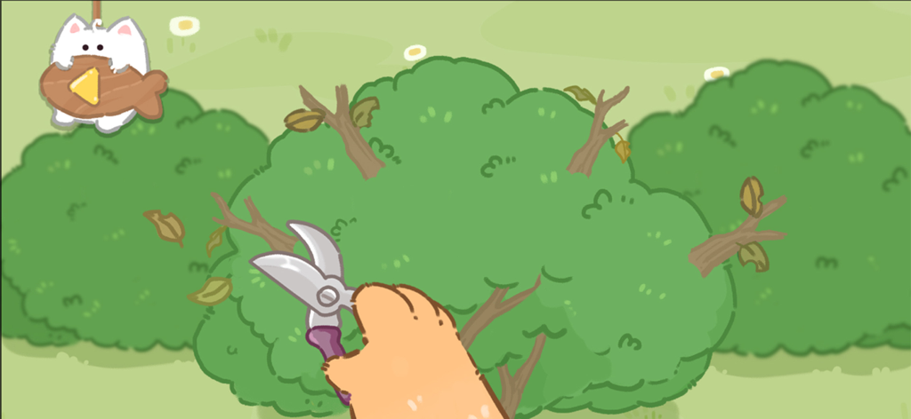 Purrrfect Spa - ASMR Cat Game - Uma pata de gato fofa usando tesouras de jardinagem para aparar um arbusto verde em um jogo de estética aconchegante