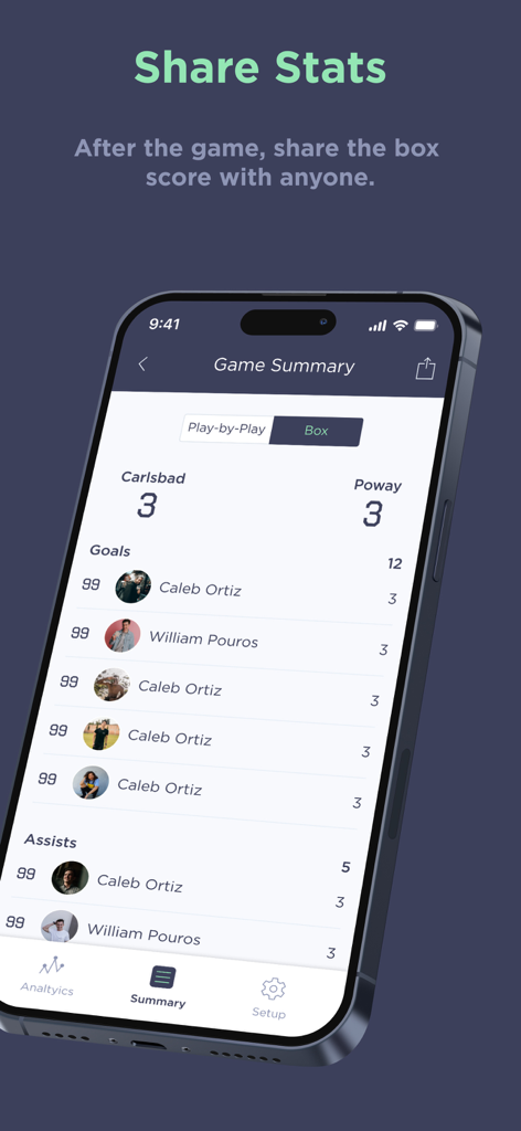Lacrosse game summary screen in SquadProfile showing player goals and assists