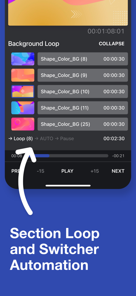LiveApp Play - LiveApp Play interface showing section loop and switcher automation settings for a video playlist